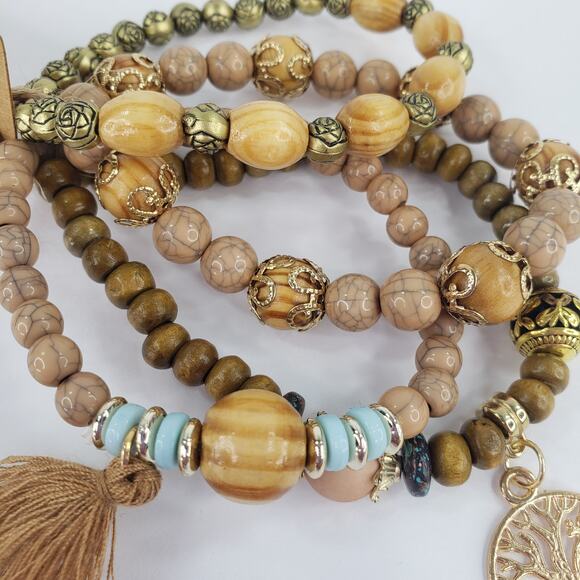 4 pc Stretch BOHO Brown Beaded Bracelet Earthtones Bohemian Sunshine Vibez - Picture 2 of 8